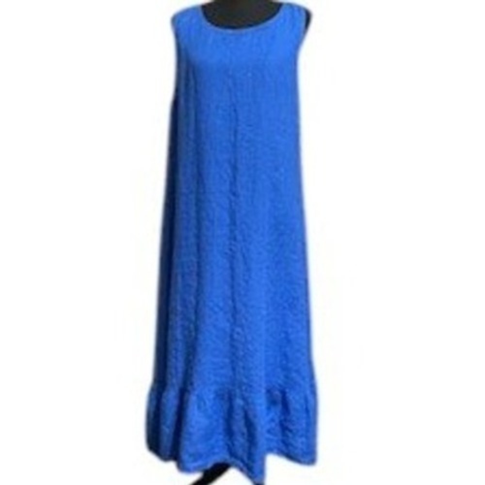 Terzo Millennio  Italy Linen Maxi Dress Sleeveless Ruffle Hem Summer Blue L